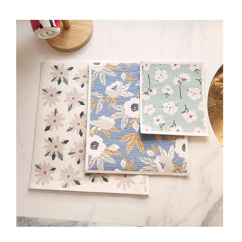 Compostable Cellulose Cotton Sponge Dishcloths Absorbent Kitchen Hand Towels Organic Natural Printed Swedish Dish Cloths