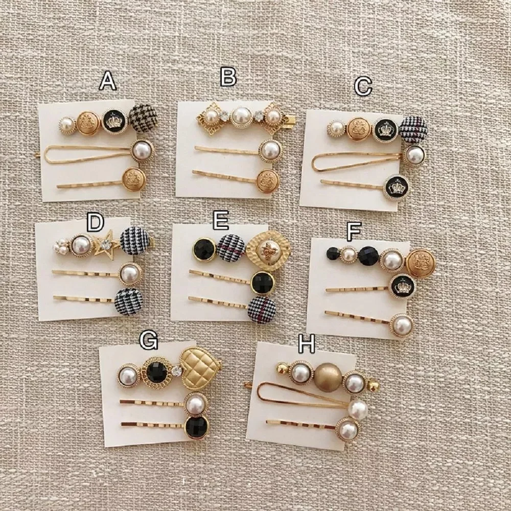 3pcs/1Set Fashion Button Pearl Hair Clips Metal Heart Star Crystal Hair Accessories