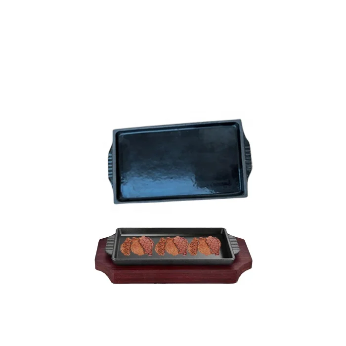 Enamel Factory Wholesale Korean Restaurant Use Cast Iron Rectangular Steak Pan BBQ Griddle Plate Fajita Pan With Wooden Tray