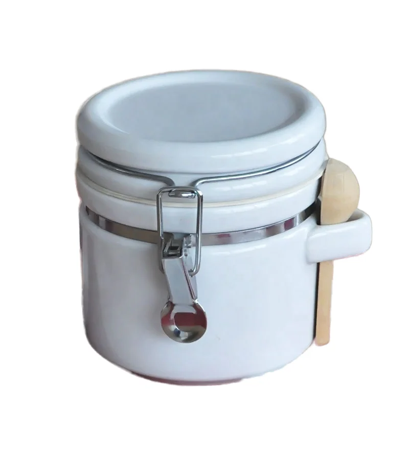 stoneware canister with iron lock, ceramic canister with silicone seal, 1 color glazing storage jar with spoon