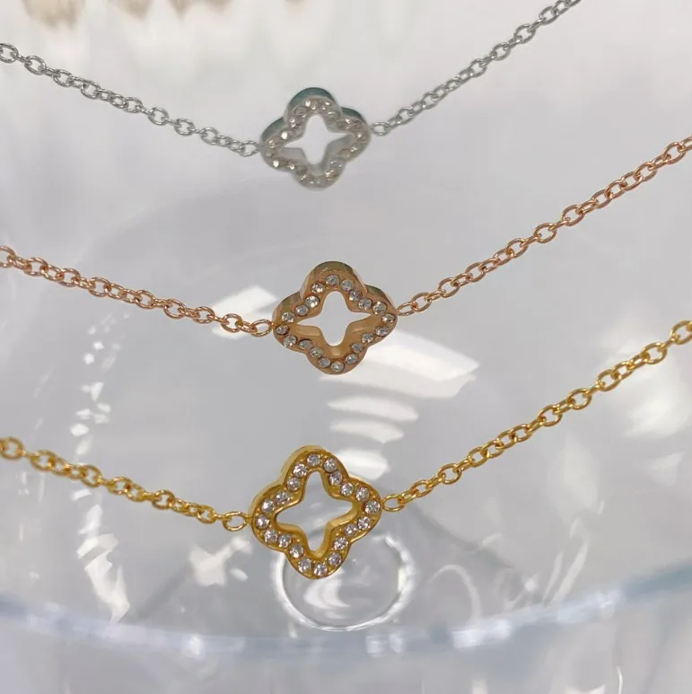 Non Tarnish Cubic Zirconia Necklace Body Jewellery Stainless Steel Gold Four Leaf Tiny Stone Necklace for Birthday Gift