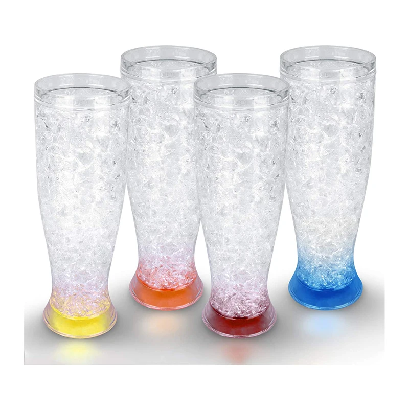 Double Wall Gel-Filled Acrylic Freezer Beer Glasses for BBQs Parties Clear with Assorted Color Base