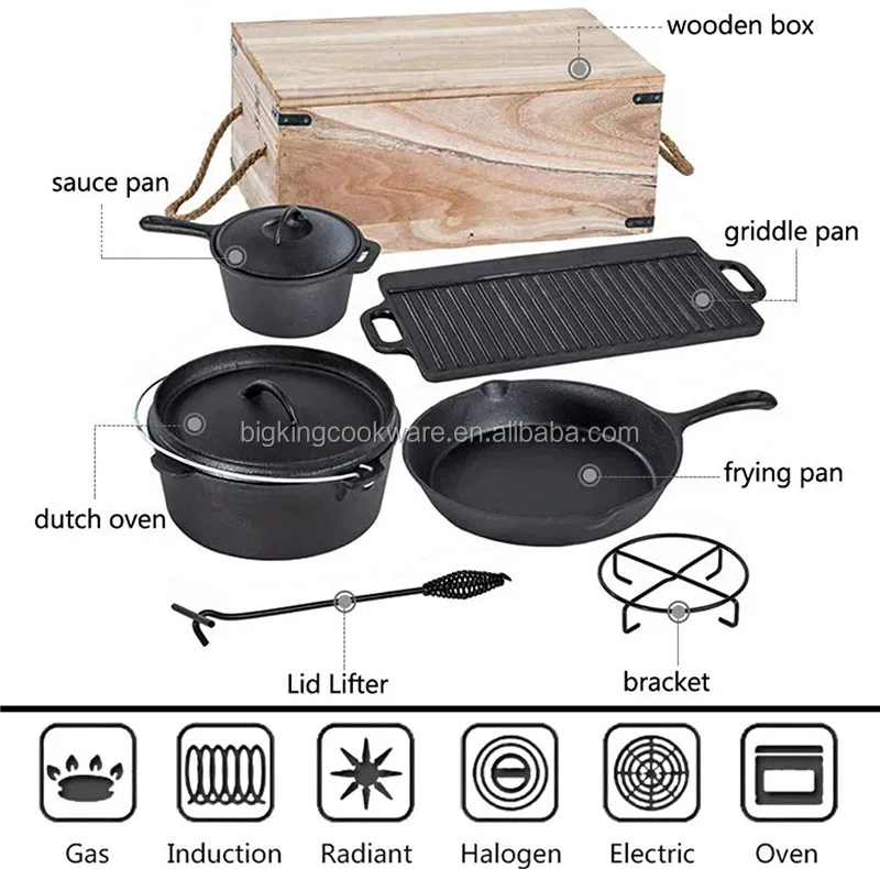 Pre-Seasoned 7 Piece Heavy Duty Cast Iron Dutch Oven Camping Cooking Set with Vintage Carrying Storage Box