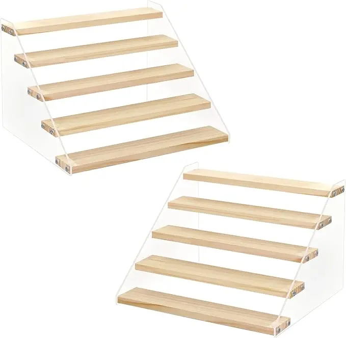 Custom 5 Tier Wood Acrylic Display Stand, Clear Display Shelves Rack for Collectible