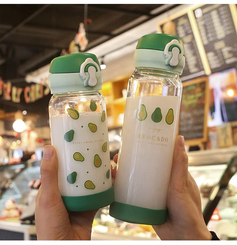 Korean Fashion Personality Avocado Cup Student Portable Leak-proof Cover Glass Water Bottle