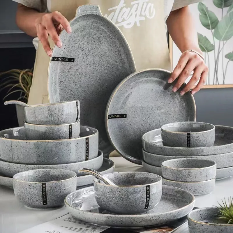 Hotel restaurant customized logo grey ceramic stoneware dinner set luxury plates sets dinnerware