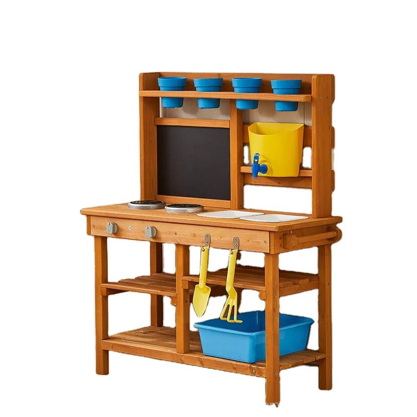 2023 new design high quality environmental kids wooden kitchen toy mud kitchen play set