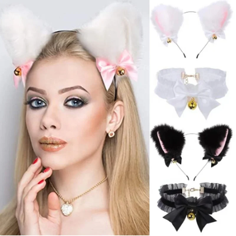 2024 Cat Ear Headband With Bells Necklace Plush Furry Cat Ears Headwear Fancy Dress Hairband Women Girls Party Cosplay Headwear