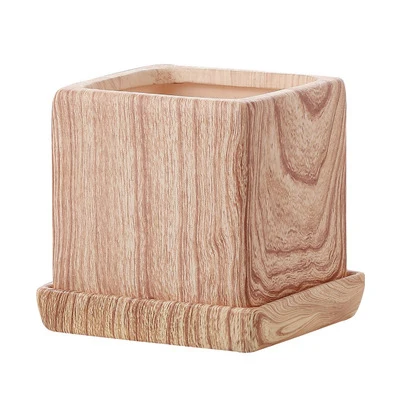 Best Seller Nordic Style Simple Square Ceramic Flower Pot Wood Grain Succulent growing container for indoor