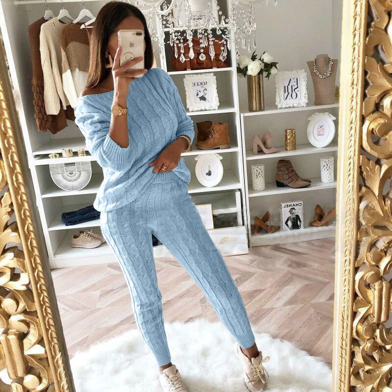 Winter Ladies O Neck Pullover Top Pants Sweater 2 Piece Set Sweater Suit Solid Color Oversized Knitted Sweater Set For Women