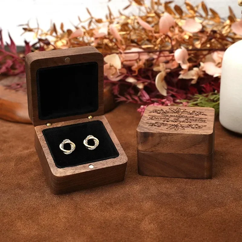 1PCS Free Engraving Walnut Wooden Jewelry Box Earring Rings Wedding Ring Organizer Wood Box Luxury Jewelry Gift Packaging Box