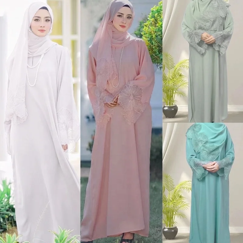 Muslim Elegant Islamic Satin Dress Hijab Arabic Pleated Abaya Dubai Balloon Sleeve Ribbon Eid Mubarak Turkish Dresses