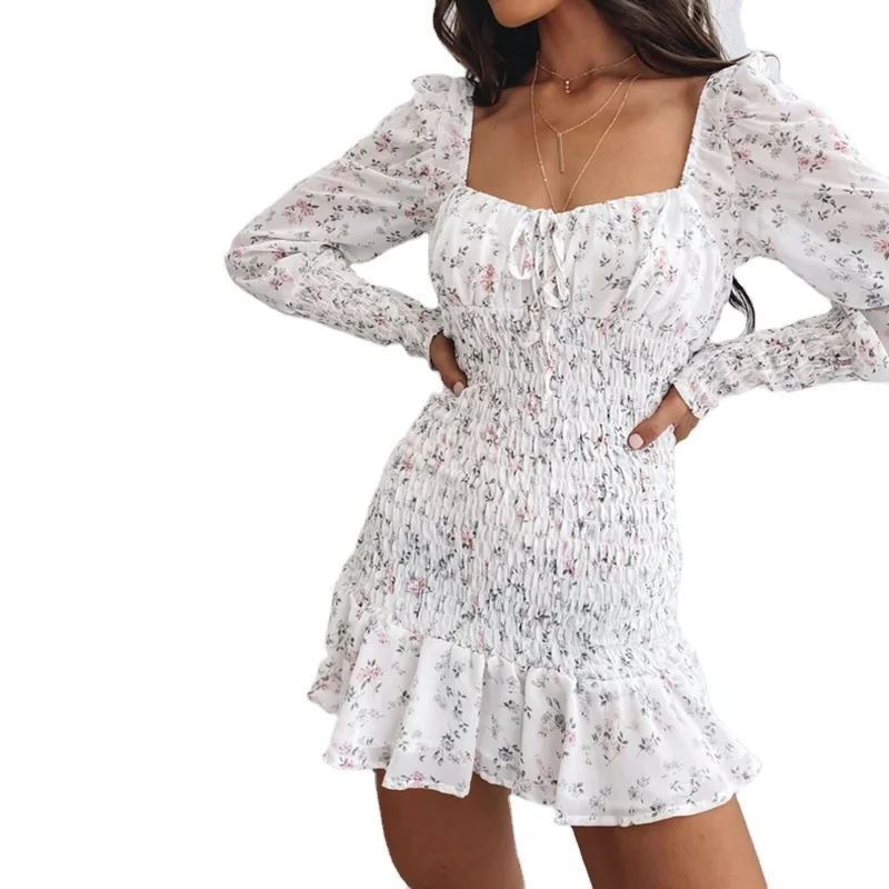 Floral printed underdress Bandage Ruched Summer Mini Dress Puff Sleeve High Street Aline Ladies Dresses for women