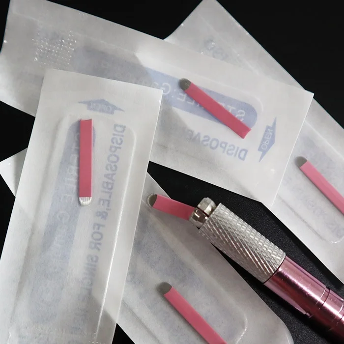 Pink PMU Permanent Makeup Microblading Pen Kit With Disposable .15 Slant 14F 18U Nano Blades and Tattoo Needle
