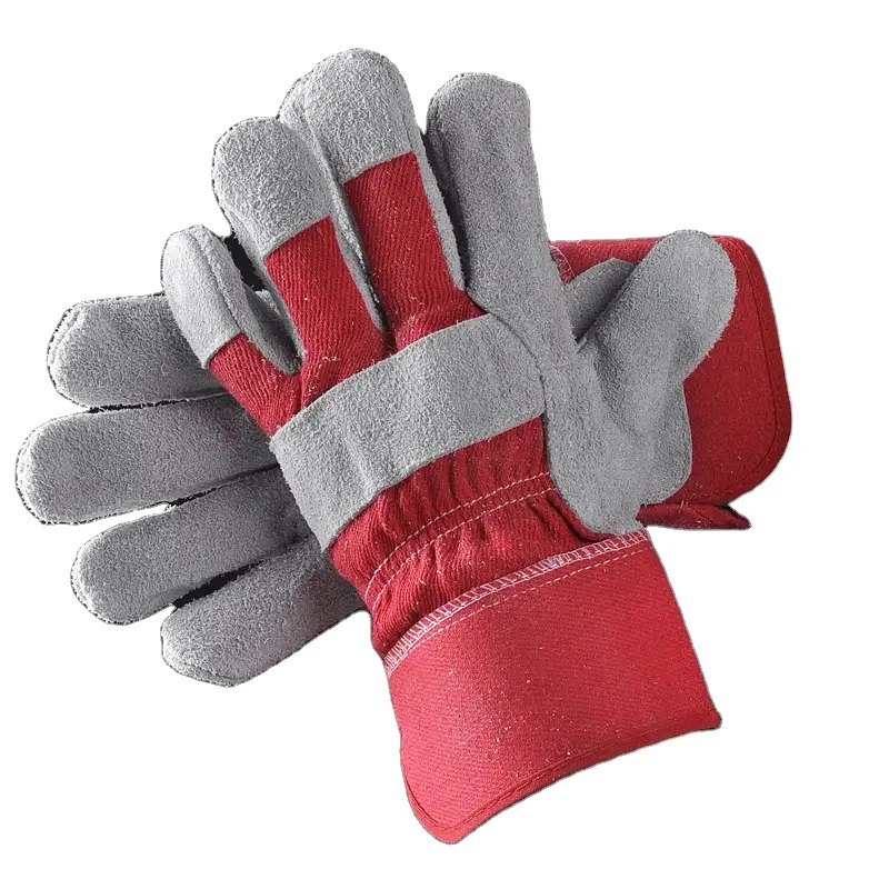 Red Double Palm Split Cow Leather Work Gloves With CE Certificate For Mechanic