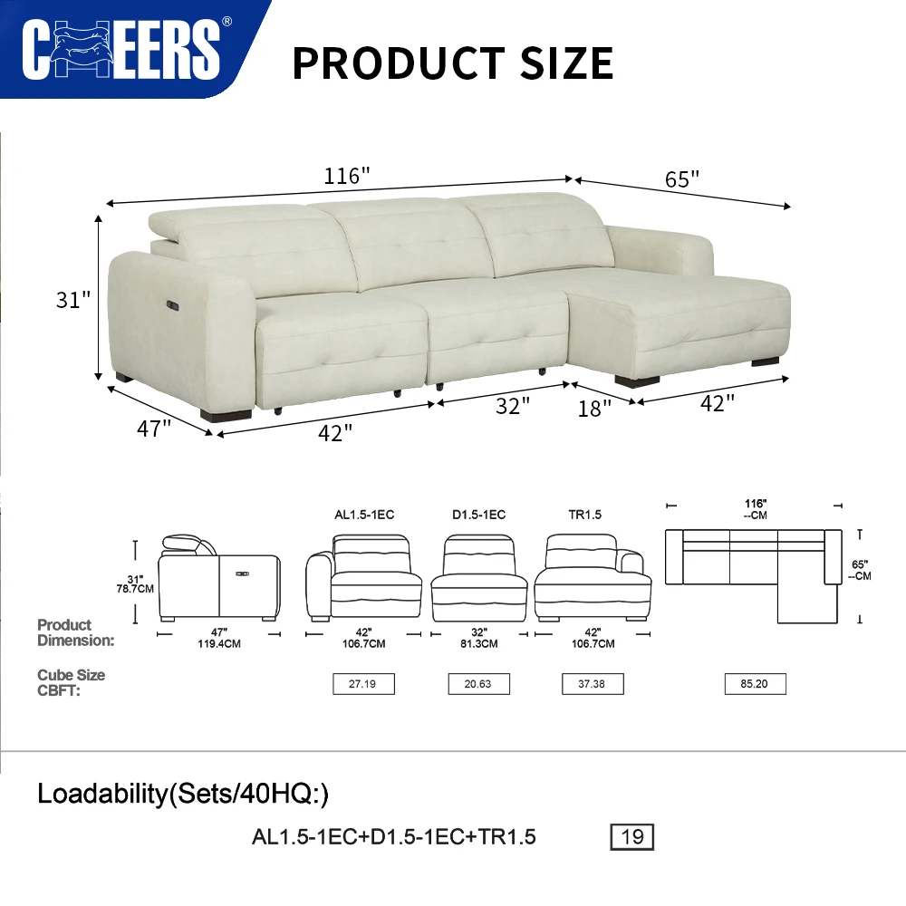 MANWAH CHEERS Power Recliner Sofa Bed Fabric Sectional Couch L Shape sofa group reclinable with chaise lounge for Living Room