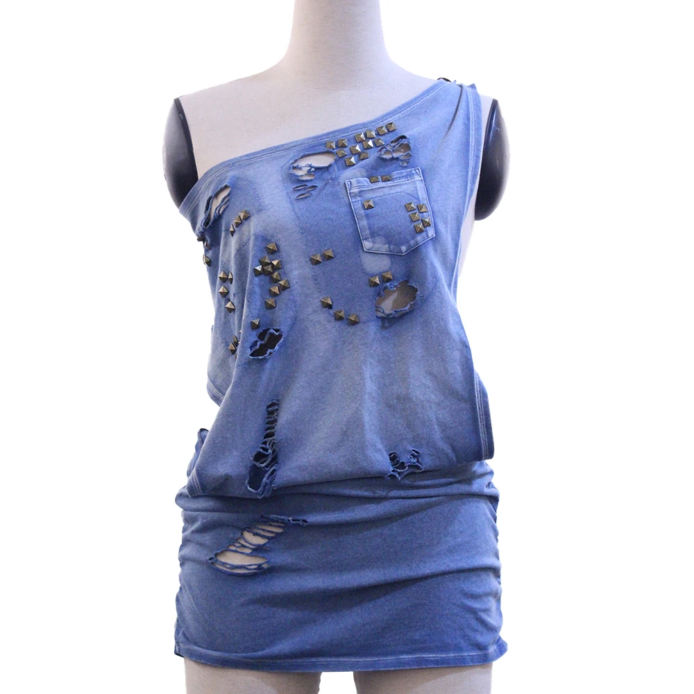 Vintage Punk Denim Mini Dress with Strap Halterneck Holed Ripped Rivets Casual Style Solid Pattern Breathable Sustainable