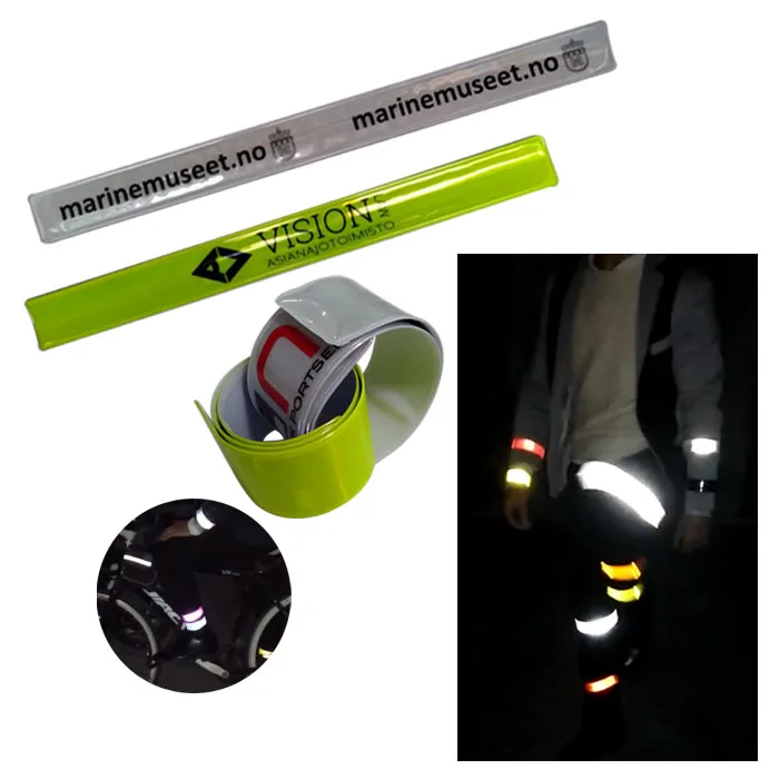 customized good quality reflective pvc bracelet slap wrap snap on wrist leg band reflex wristband armband for evening cycling