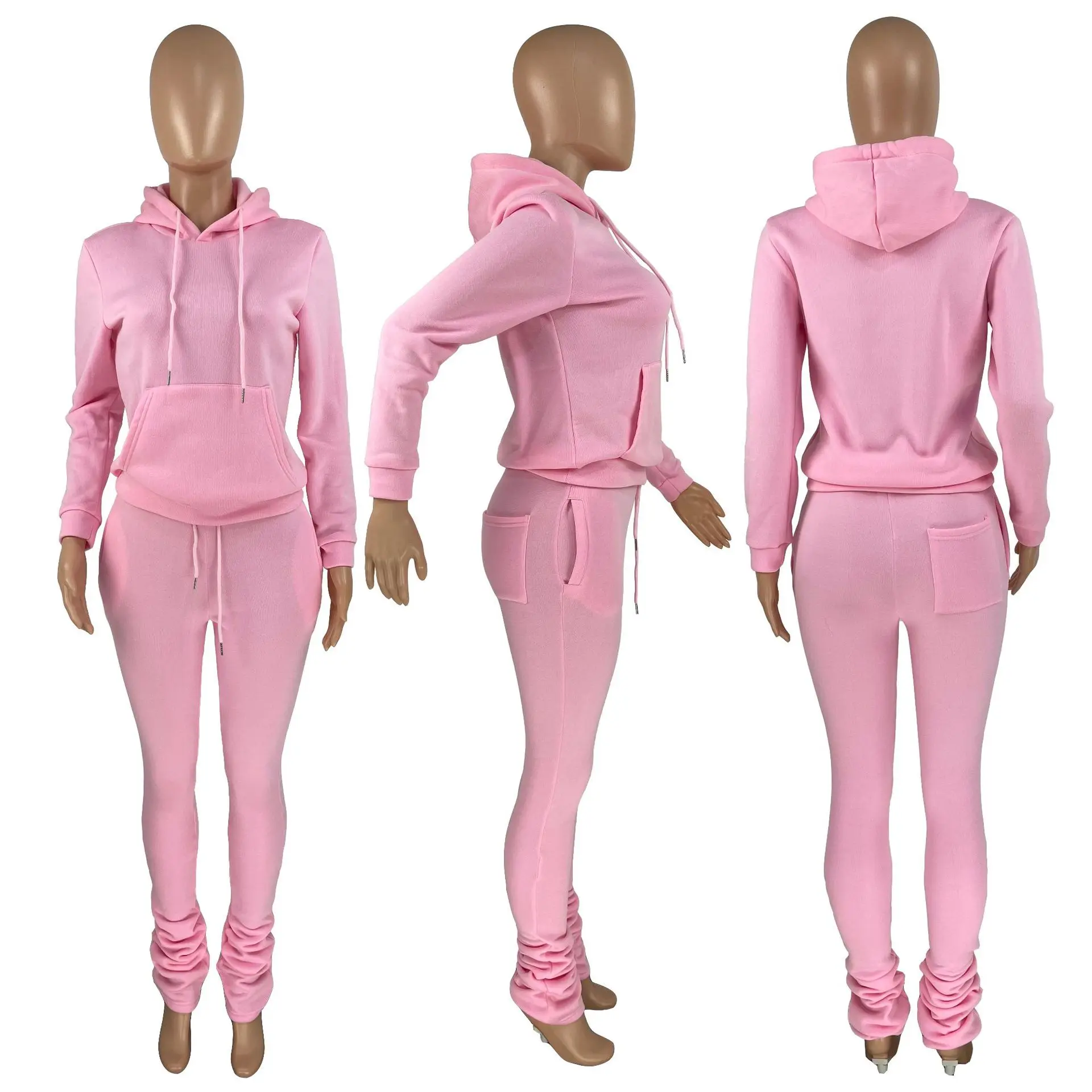 Autumn Winter Two Piece Outfits Solid Women Hoodie Set Casual Stacked Joggers Set Women Track Suits Two Piece Sets