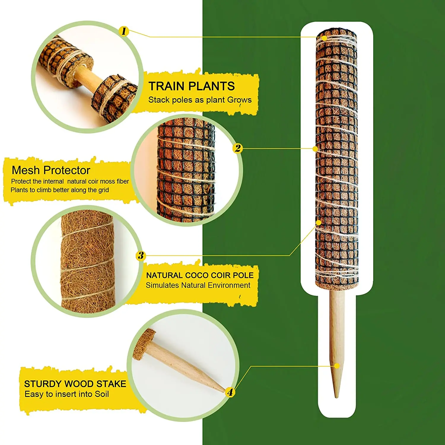Anti Mildew 16 inch Coconut Coir totem stackable moss pole with plastic net mesh for creeper plants