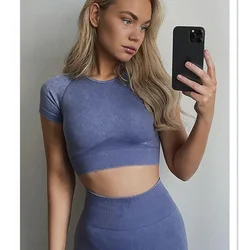 Custom Women Short Sleeve Round Collar Crop Top Bra 2 Piece Seamless Ribbed Yoga Shorts Set