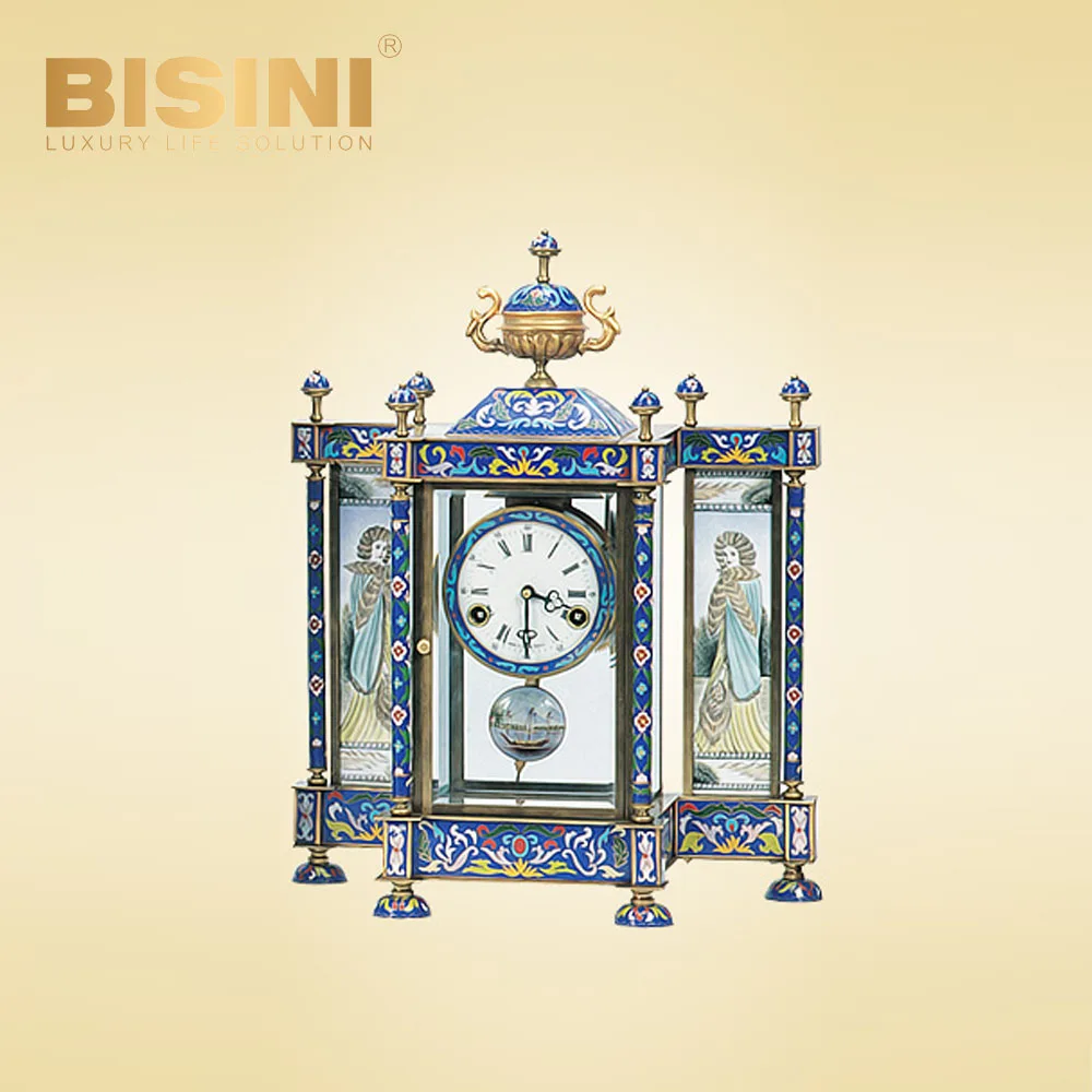French Style Cloisonne Enamel desk Clock with Pendulum villa House table decoration luxury classical Floral patterns Table Clock