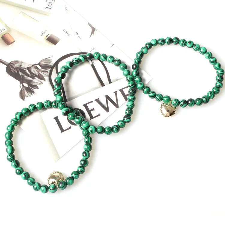 Qingdao V&R Jewelry Smykker Stretchable Elastic Green Marbled Beaded Metal Sea Shell Bracelet Set Acrylic Resin Lucite Bracelets