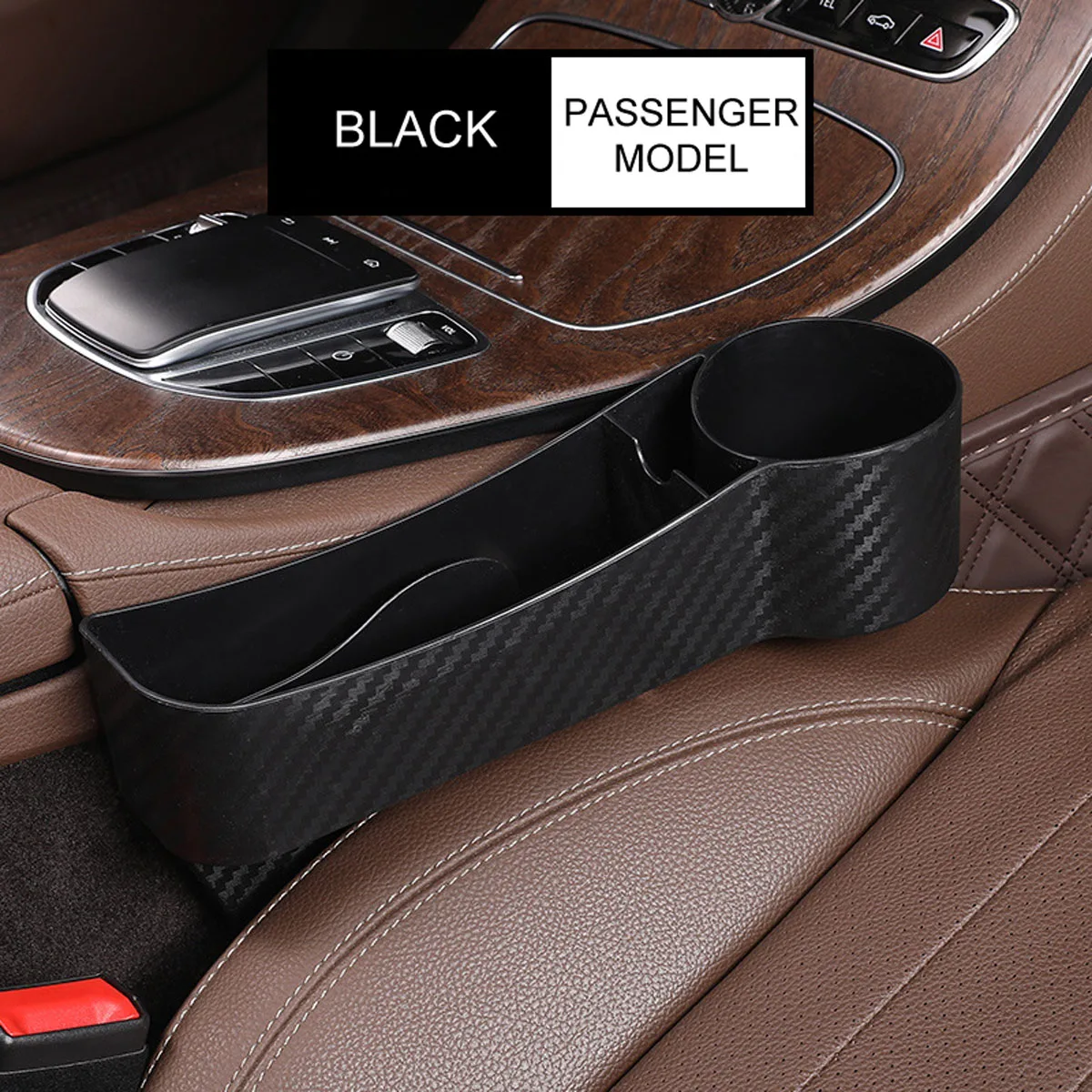 Universal size carbon fiber car seat gap filler organizer with large cup holder