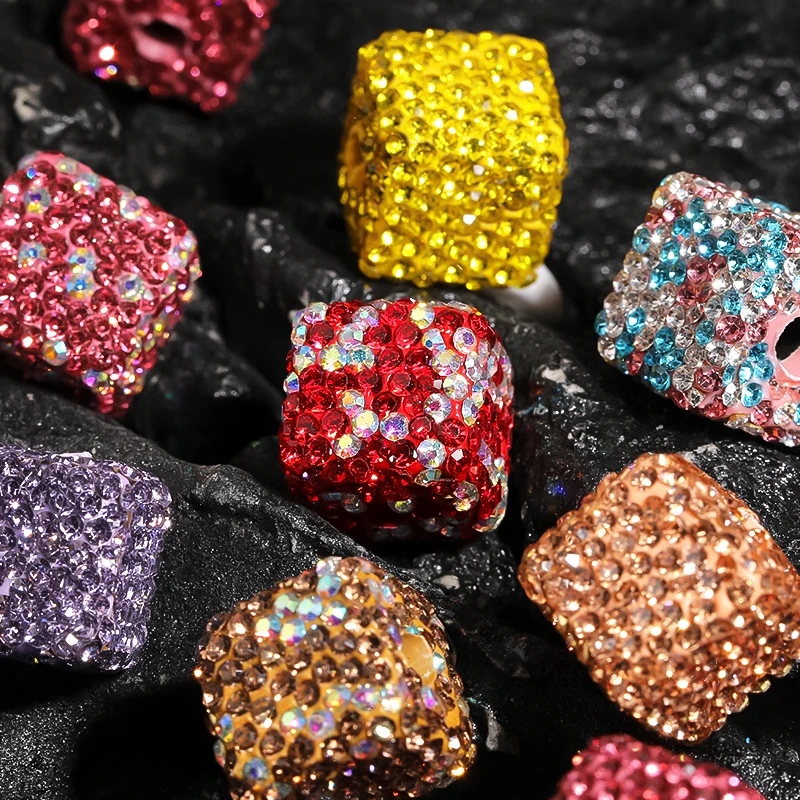 15mm Square Big Hole Rhinestone Clay Bead Handmade Full Diamond Clay Beads for Bracelet Making Accessories