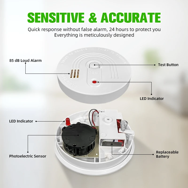 Portable Wireless Photoelectric Smoke Alarm Sensor 85Db Independent Fire Alarm Smoke Detector En14604