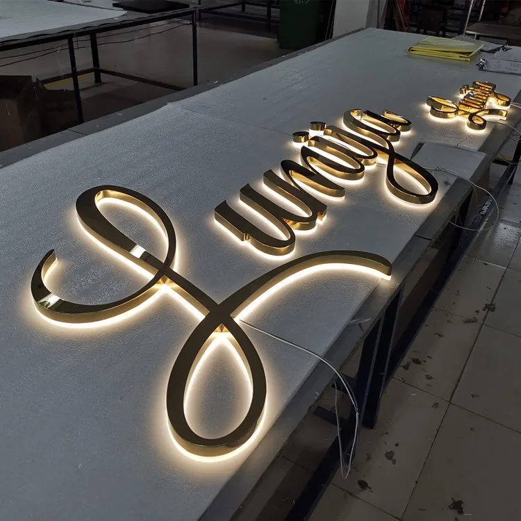 Storefront signs outdoor custom hotel sign metal stainless steel logo mirror gold backlit logo sign 3d wall gold chrome letters