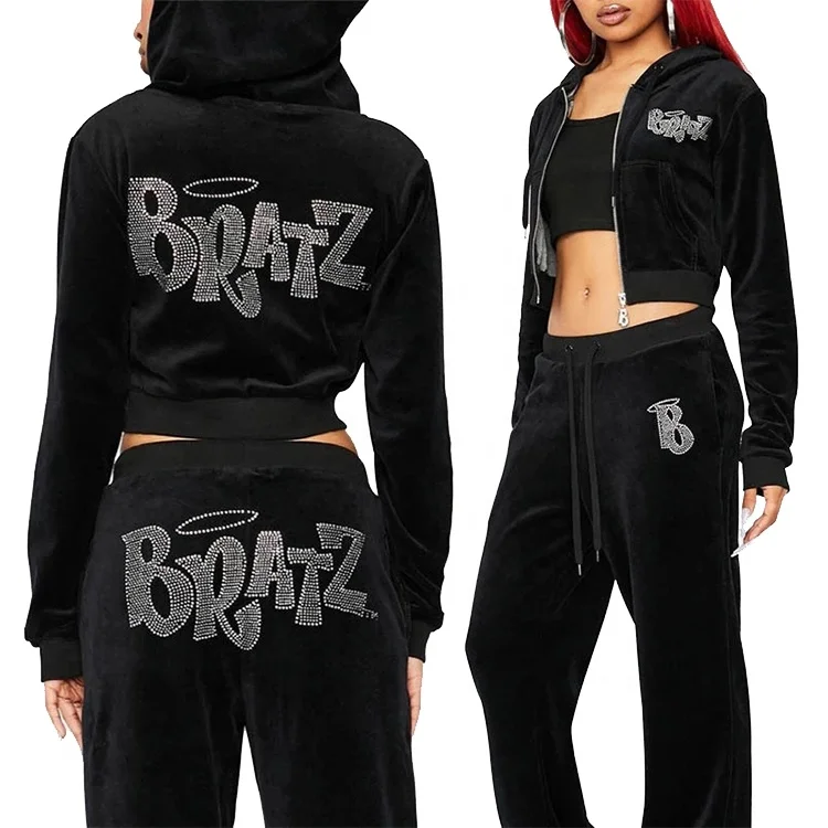 Custom Cotton Zipper Hoodie Two Piece Set Women Print With Rhinestone/embroidery Logo Velour/velvet Crop Top Women Tracksuit