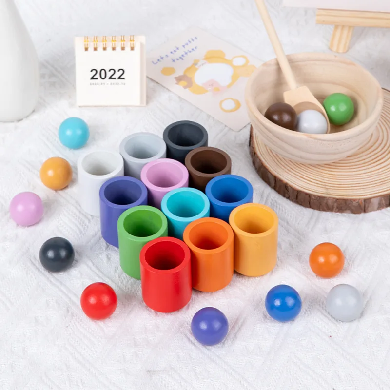 Balls in Cups Wooden Sorter Game 12 Balls 30 mm Age 1+ Color Sorting and Counting Preschool Learning Education Montessori Toys