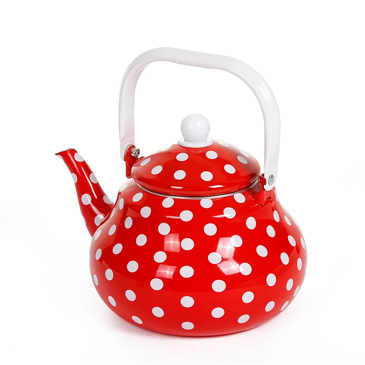 Customized Good Quality Enamel Chinese Cast Iron Teapot, Dot Pattern Red 2.0L Enamel Kettle