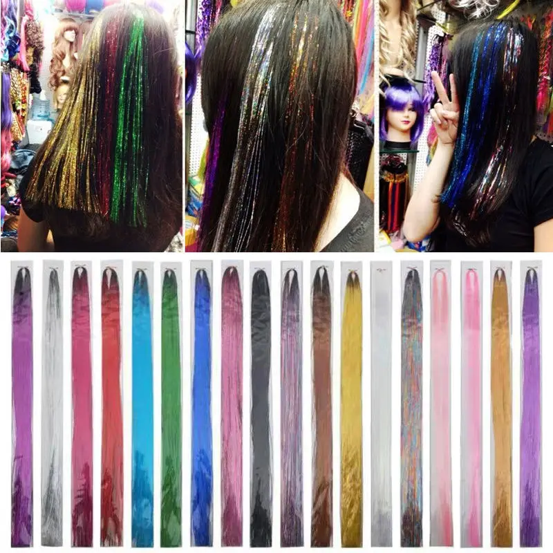 fujia 47 inch 16 Colors 3200 Strands Hair Tinsel 200 Pcs Silicone Buckles Crochet Hook Hair Ring Tip Mouth Clip Comb Hair Tinsel