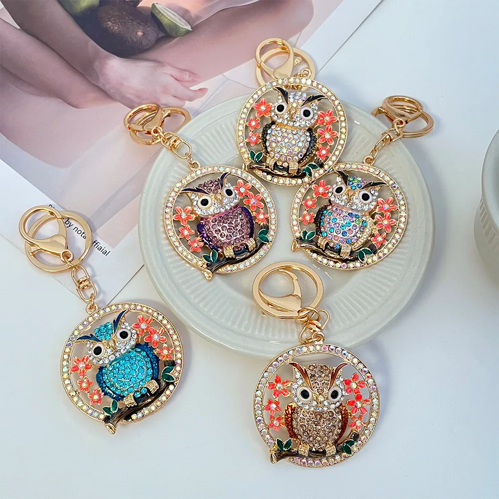 Wholesale Accessory Gold Animal Owl Shaped Key Ring Colorful Rhinestone Owl Key Holder Chain For Gift