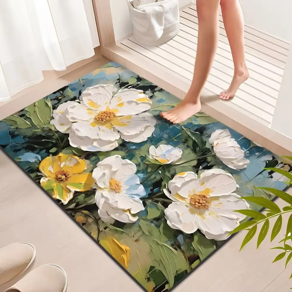 Modern Style Entry Door Oil Painting Flowers Custom Non-Slip Absorbent Bathroom Diatom Mud Mat for Home or Hotel Use