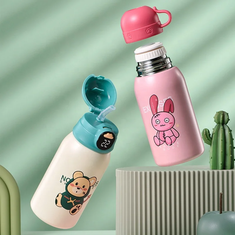Hot seller 20oz 316 Vacuum Smart Digital Drinkware Straw Water Bottle for Baby with Detachable Cup and Leather Holder Bag Strap