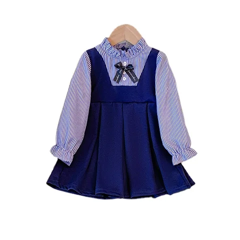 2023 Autumn Fashion Fake-two girls long sleeve dark blue dress Black bow Princess dress suitable for children 1-9 years old