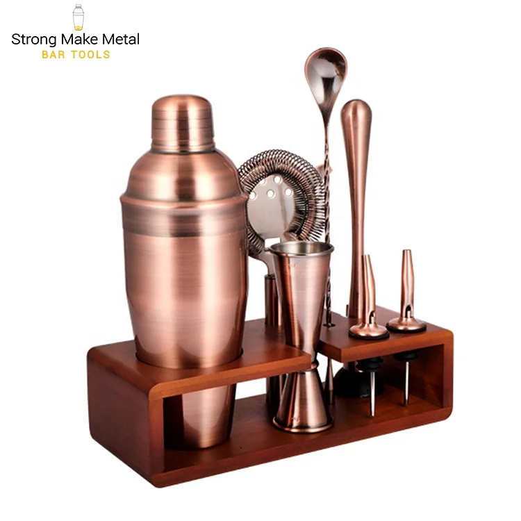Professional Barware Tools Wooden Stand Brass Copper Bar Accessories Stainless Steel Bartender Kit Jigger Cocktail Shaker Set