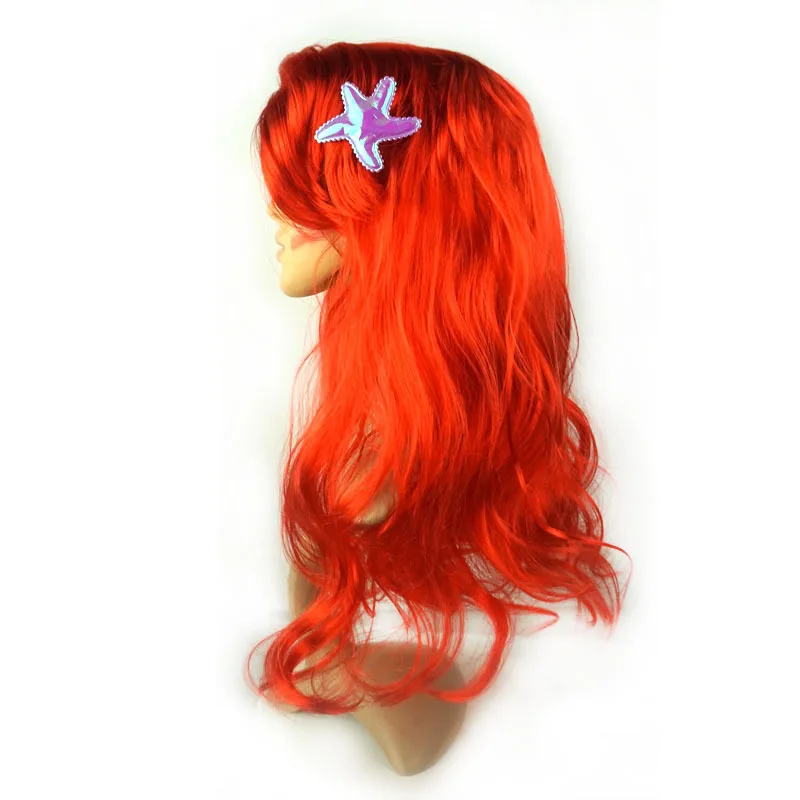Kids Mermaid Wig With Starfish Hair Clips Girls Red Mermaid Wig Curly Wave Wig For Halloween Costume