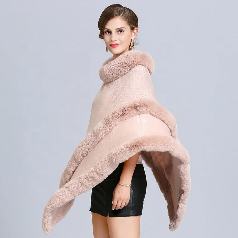 
2021 Winter Faux Fox Fur Out Street Solid Poncho Knitted Triangle Fur Sweater Plus Size Pullover Winter Poncho For Women Cape 