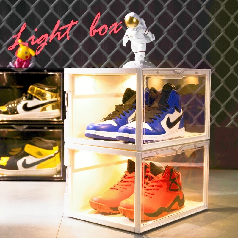 LED Side open Stackable Organizer nike plastic clear shoe containers transparent Acrylic shoe storage box magnetic with custom