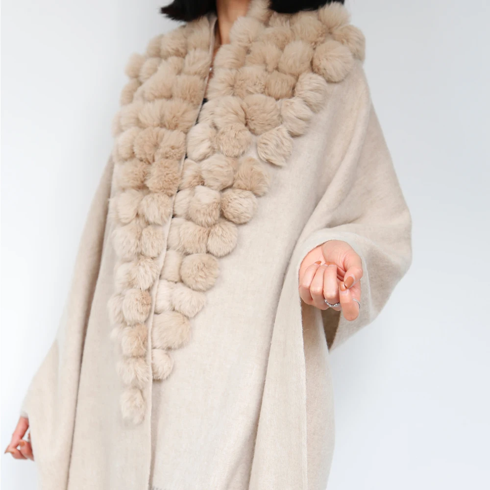 OEM оптовая продажа женский зимний теплый широкий шарф шаль с помпоном из натурального кроличьего меха