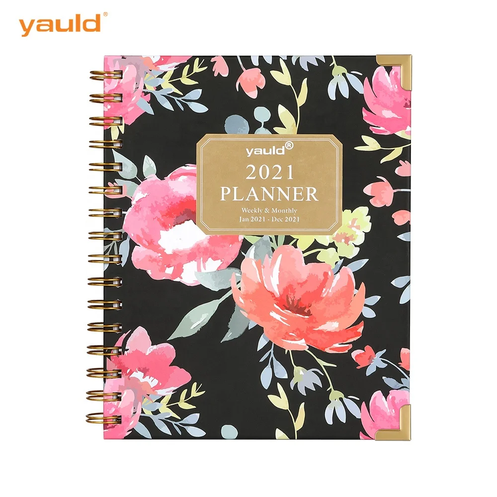 Custom Printing Floral Daily Weekly Monthly 2021 Spiral Planner Hardcover Pockets Paper Journals Notebooks