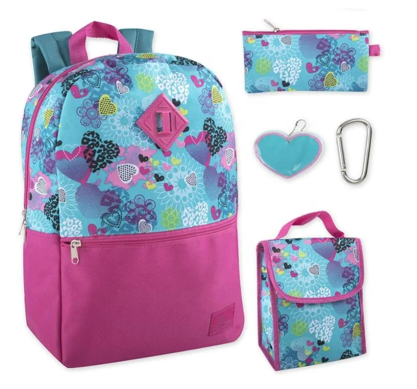 Heart Printed Girls Elementary School Backpack for Kids 5  in 1 Sets with Lunch Tote Bag Pencil Bag
