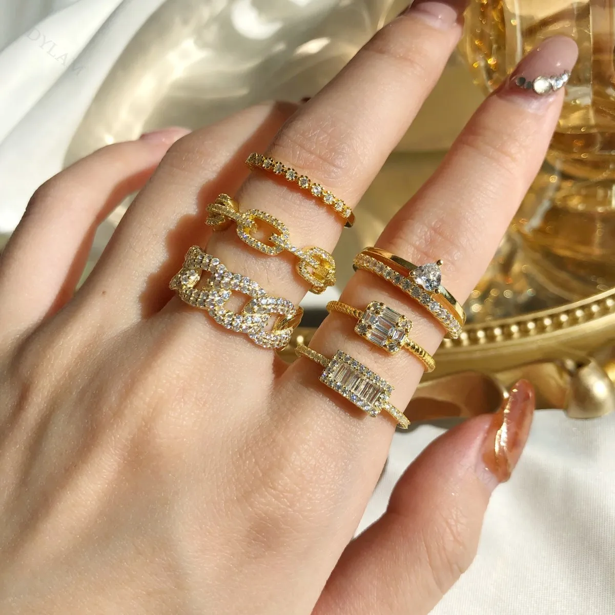 Dylam Real 925 Sterling Silver Jewelry Cute Stacking Adjustable 18k Gold Plated Rainbow Promise Zircon Cz Rings For Women Girls