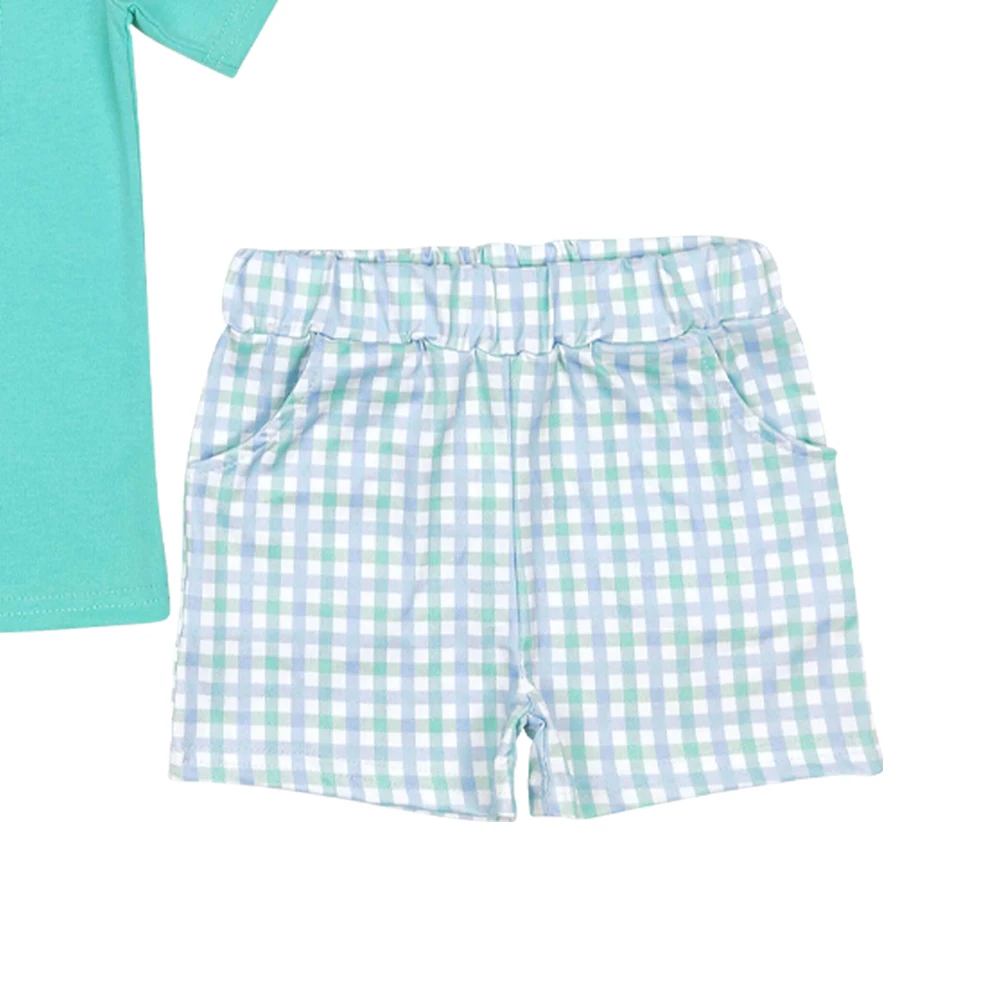 Boys clothes mint green short sleeves embroidery I love Daddy blue plaid shorts wholesale boys clothes boutique suits low price