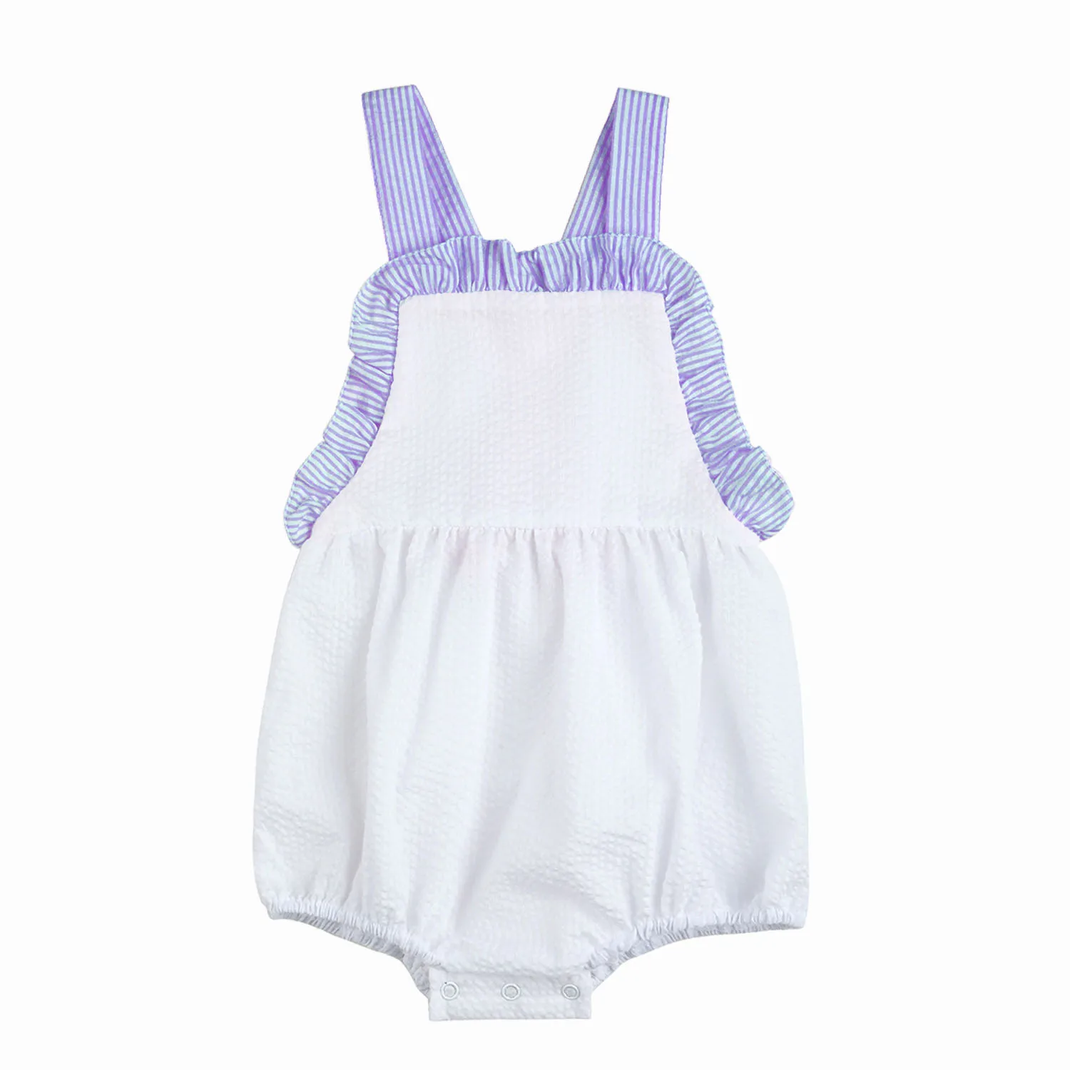 Summer Baby White Seersucker Bodysuit Romper Colorful Ruffle Monogrammed Striped Embroidered Newborn Bubble