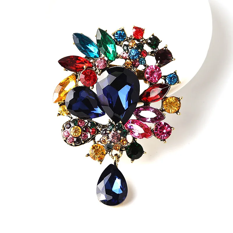 Custom Vintage Wedding Bride Big Blue Crystal Drop Colorful Flower Rhinestone Teardrop Brooch for Woman